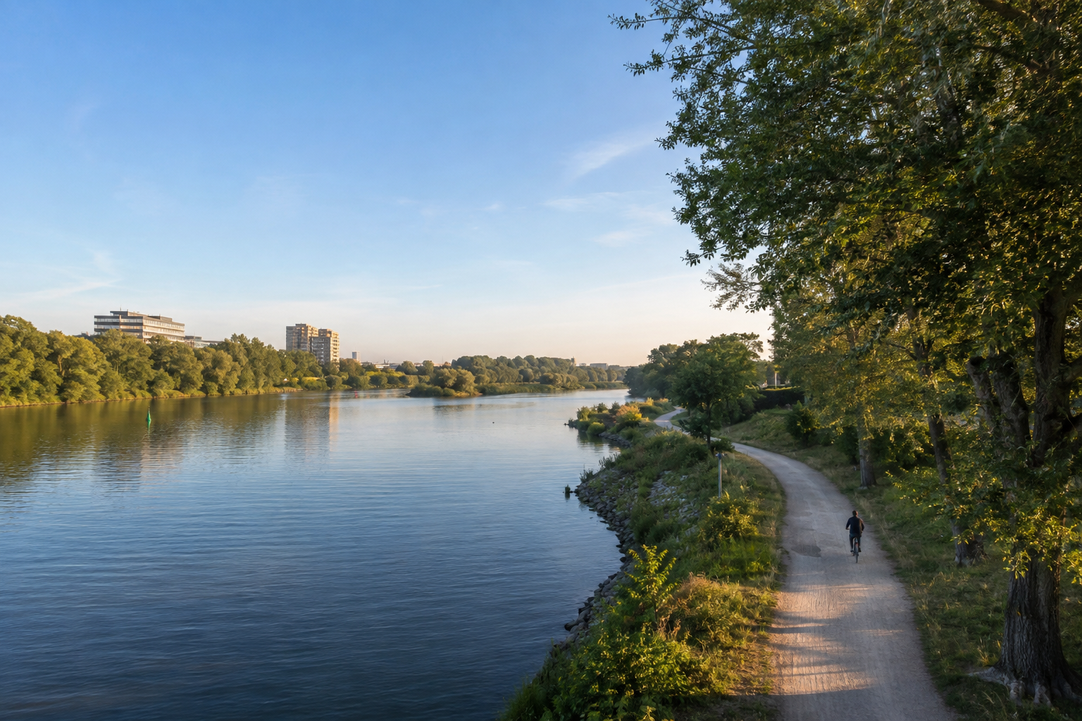 Flusslandschaft im Berliner Umland mit grünen Ufern, Radweg und Radfahrer im Abendlicht.
