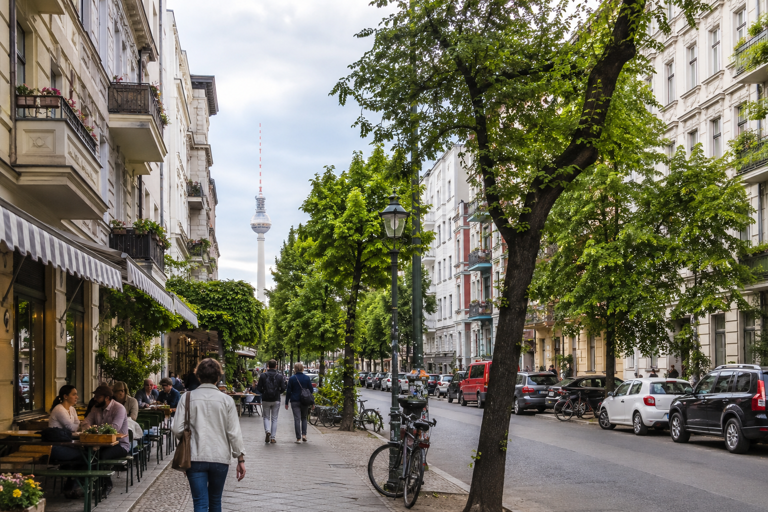 Belebte Berliner Kiezstraße mit Altbauten, Straßencafés, Bäumen und Fernsehturm als Symbolbild für die Fotografensuche.